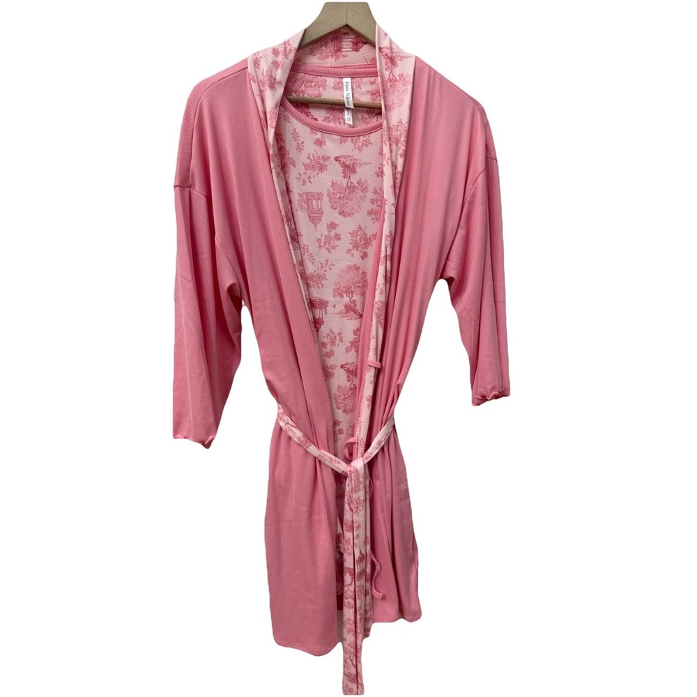Flora Nikrooz Sleepwear Set S Pink Toile Ribbed Nightshirt and Belted Robe 2pc
